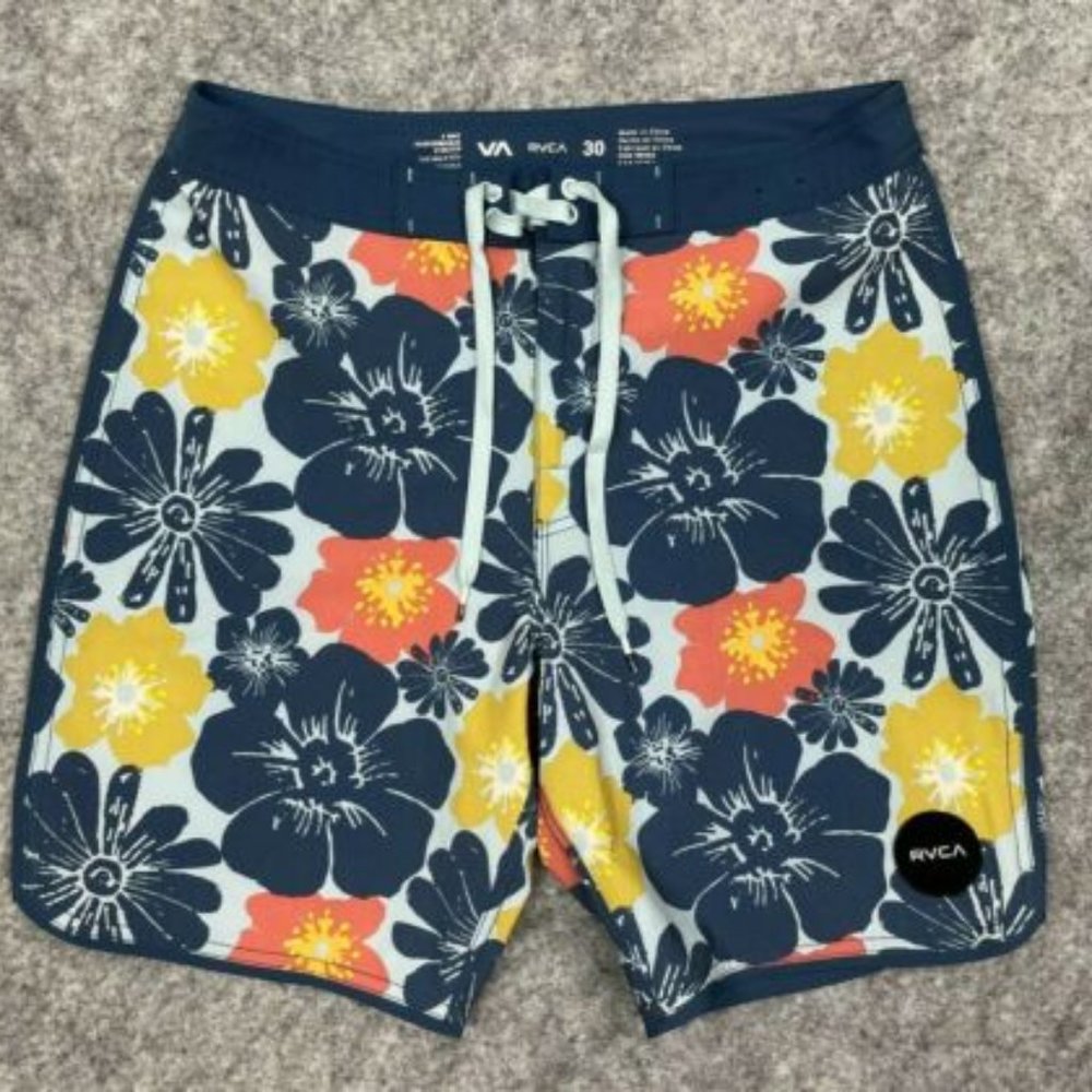 RVCA Mens 4 Way Performance Stretch Floral Drawstring Swim Trunks Size 30
